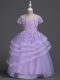 Pretty Spaghetti Straps Sleeveless Flower Girl Dresses for Less Floor Length Appliques and Ruffled Layers Lavender Tulle