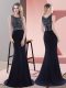 Extravagant Sleeveless Beading and Lace Zipper Prom Gown with Navy Blue Sweep Train