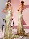 Gold Prom Party Dress Spaghetti Straps Sleeveless Sweep Train Backless
