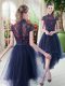 Navy Blue Short Sleeves Tulle Zipper for Prom and Party