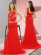 Designer Sweep Train Column/Sheath Evening Dress Red One Shoulder Chiffon Sleeveless Lace Up