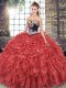 Sophisticated Sweep Train Ball Gowns Quince Ball Gowns Red Sweetheart Organza Sleeveless Lace Up