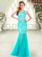 Aqua Blue Tulle Zipper Prom Dress Sleeveless Floor Length Beading and Lace