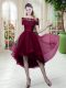 Colorful Burgundy Short Sleeves Tulle Lace Up Prom Dress for Prom and Party