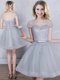 Cheap Scoop Short Sleeves Mini Length Lace Up Quinceanera Court Dresses Grey for Prom and Party and Wedding Party with Appliques and Belt
