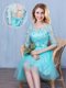 Scoop Aqua Blue Empire Lace and Appliques and Bowknot Quinceanera Dama Dress Lace Up Tulle Half Sleeves Knee Length