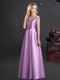 Elegant Off the Shoulder Cap Sleeves Elastic Woven Satin Floor Length Zipper Vestidos de Damas in Lilac with Bowknot