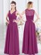 Fuchsia Empire Lace and Ruching Quinceanera Dama Dress Side Zipper Chiffon Sleeveless Floor Length