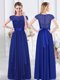 Scoop Short Sleeves Dama Dress for Quinceanera Floor Length Lace and Belt Royal Blue Chiffon