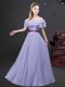 Elegant Off The Shoulder Short Sleeves Damas Dress Floor Length Ruffled Layers and Belt Lavender Chiffon