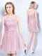 Elegant Pink Tulle Lace Up Scoop Sleeveless Mini Length Dama Dress Appliques and Belt