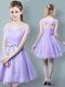 Amazing Straps Lavender Cap Sleeves Ruching and Bowknot Knee Length Dama Dress for Quinceanera