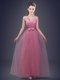 Dazzling Pink Tulle Lace Up Vestidos de Damas Sleeveless Floor Length Appliques and Ruching and Bowknot