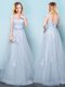 Light Blue Lace Up Scoop Appliques and Belt Dama Dress Tulle Cap Sleeves