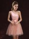 A-line Quinceanera Dama Dress Peach One Shoulder Tulle and Lace Sleeveless Mini Length Lace Up