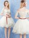 Delicate Off The Shoulder Short Sleeves Court Dresses for Sweet 16 Mini Length Lace and Ruffles and Belt Champagne Organza