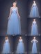 Light Blue Neckline Beading and Appliques and Ruching and Bowknot and Hand Made Flower Quinceanera Court Dresses Sleeveless Lace Up