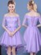 Off the Shoulder Lavender Half Sleeves High Low Lace and Bowknot and Belt Lace Up Quinceanera Dama Dress