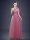 Simple One Shoulder Sleeveless Lace Up Floor Length Beading and Ruching and Hand Made Flower Dama Dress for Quinceanera