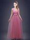 Pink Empire Straps Sleeveless Tulle Floor Length Lace Up Ruching and Bowknot Court Dresses for Sweet 16