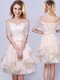Organza Off The Shoulder Short Sleeves Lace Up Lace and Ruffles and Belt Damas Dress in Champagne