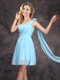 Unique One Shoulder Baby Blue Empire Ruching and Hand Made Flower Court Dresses for Sweet 16 Zipper Chiffon Sleeveless Mini Length