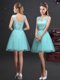 Artistic Tulle Scoop Sleeveless Lace Up Lace and Appliques and Belt Dama Dress for Quinceanera in Aqua Blue