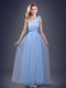 Suitable Light Blue Damas Dress Prom and Party and Wedding Party and For with Beading and Ruching and Hand Made Flower One Shoulder Sleeveless Lace Up