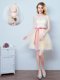 Fantastic Champagne A-line Tulle Scoop Sleeveless Lace and Appliques and Ruffles and Bowknot Mini Length Lace Up Dama Dress for Quinceanera