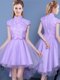 Great High-neck Short Sleeves Quinceanera Court of Honor Dress High Low Lace and Bowknot and Belt Lavender Tulle
