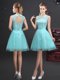 Wonderful Aqua Blue A-line High-neck Sleeveless Tulle Mini Length Lace Up Lace and Appliques and Belt Quinceanera Dama Dress