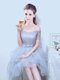 Custom Fit Off the Shoulder Short Sleeves Asymmetrical Lace and Ruffles and Bowknot Lace Up Court Dresses for Sweet 16 with Grey