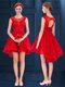 Scoop Lace Dama Dress for Quinceanera Red Lace Up Sleeveless High Low