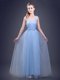 Dazzling Straps Light Blue Sleeveless Ruching and Bowknot Floor Length Dama Dress