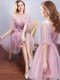 Charming Scoop Half Sleeves Lace Up Quinceanera Dama Dress Pink Tulle