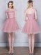 Stylish Scoop Pink Lace Up Dama Dress Lace and Appliques and Belt Short Sleeves Mini Length