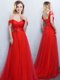 Off the Shoulder Red Empire Appliques and Ruching Dama Dress for Quinceanera Lace Up Tulle Sleeveless With Train