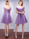 Lavender A-line Tulle Off The Shoulder Sleeveless Ruching and Belt Knee Length Lace Up Dama Dress