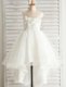 Edgy Scoop Short Sleeves Tulle High Low Zipper Flower Girl Dress in White with Appliques