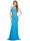 One Shoulder Baby Blue Tulle Zipper Prom Evening Gown Sleeveless With Brush Train Beading
