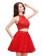 Pretty Coral Red Zipper High-neck Beading Organza Sleeveless