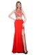 Sleeveless With Train Beading Criss Cross Homecoming Dress with Coral Red Sweep Train