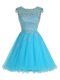 Scoop Sleeveless Mini Length Beading and Appliques Zipper with Baby Blue