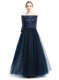 Off the Shoulder Navy Blue 3 4 Length Sleeve Floor Length Beading and Appliques Zipper Prom Dress