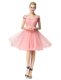 Off the Shoulder Cap Sleeves Knee Length Belt Zipper Prom Evening Gown with Pink