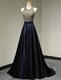Modern Halter Top With Train Column/Sheath Sleeveless Navy Blue Prom Gown Brush Train Backless