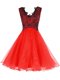 Modern A-line Evening Dress Coral Red V-neck Organza Sleeveless Mini Length Zipper