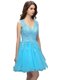 Baby Blue A-line Organza V-neck Sleeveless Beading and Appliques Knee Length Backless Homecoming Dress