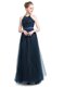 Unique Navy Blue Empire Tulle Halter Top Sleeveless Beading Floor Length Zipper Prom Dress