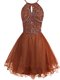 Brown A-line Organza Halter Top Sleeveless Beading Mini Length Zipper Dress for Prom